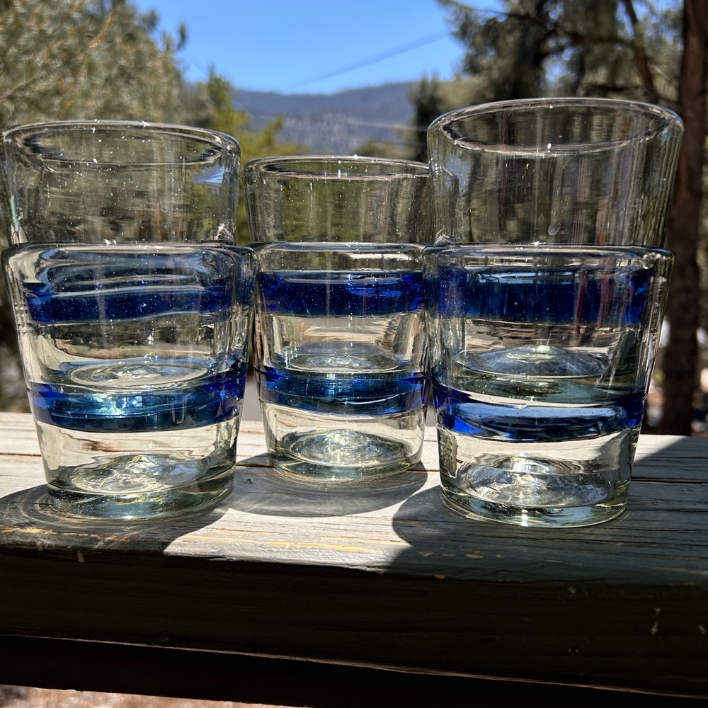 Mexican handblown highball glasses, blue stripe, clear glass